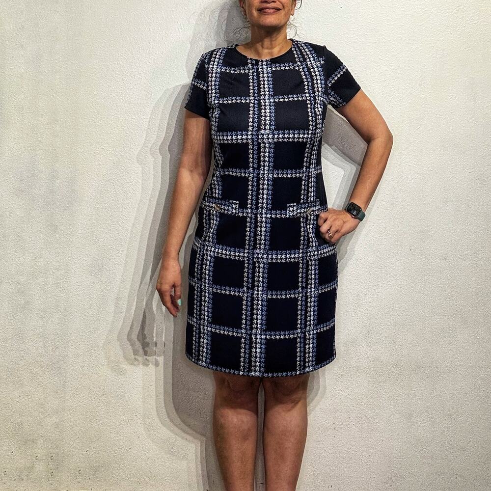 Enfocus Studio Navy Plaid Midi Sheath Dress Sz 10